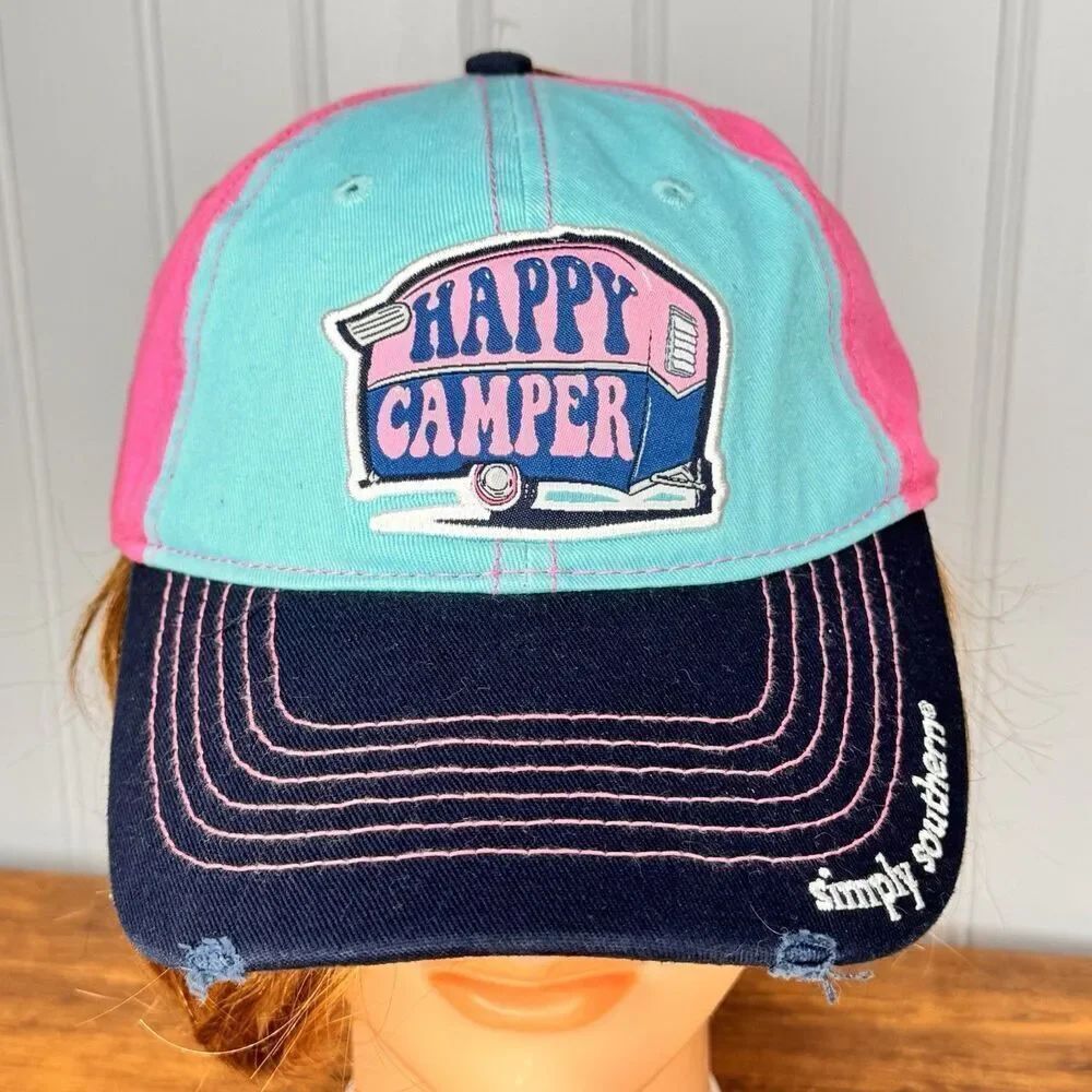 Simply Southern Happy Camper Embroidered Pink Aqua Baseball Hat Cap Distressed